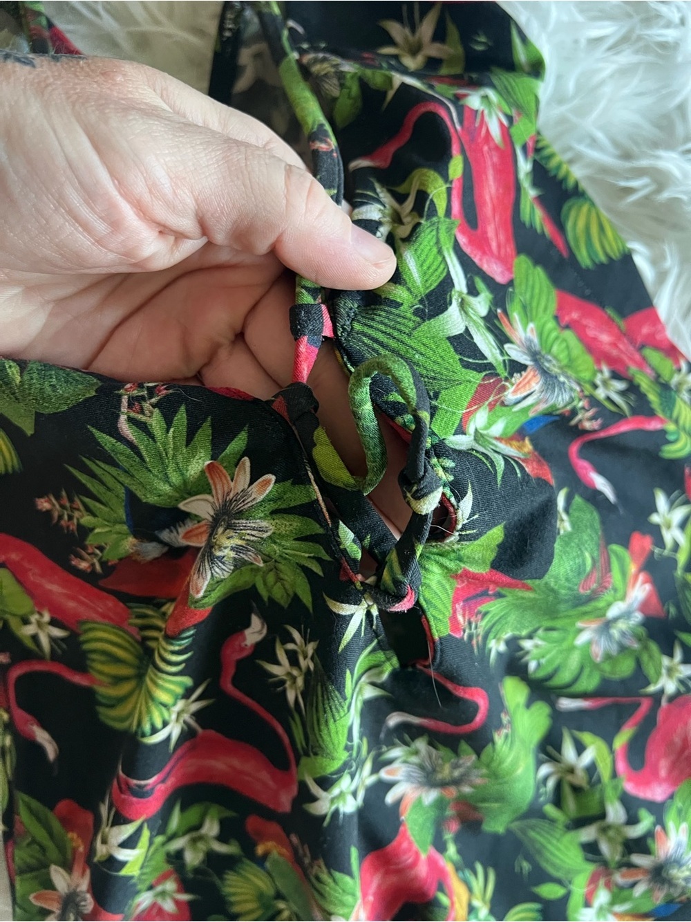 Tropical Flamingo One Piece Swimsuit Black Floral Jungle Print Tie Back M - Picture 6 of 7